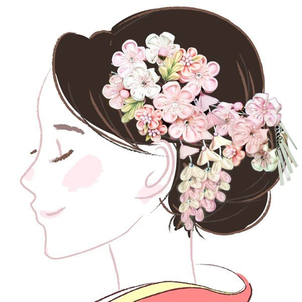 hair ornament set Furisode ceremony Tsumami work pink white silver leaf [Kyoto Usagido] 2-piece coming-of-age wk-279