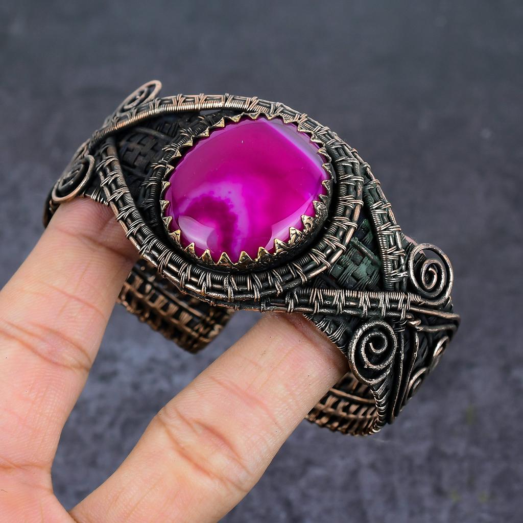 Pink Lace Agate Gemstone Handmade Copper Wire Wrap Cuff Bangle Adjustable W2i12