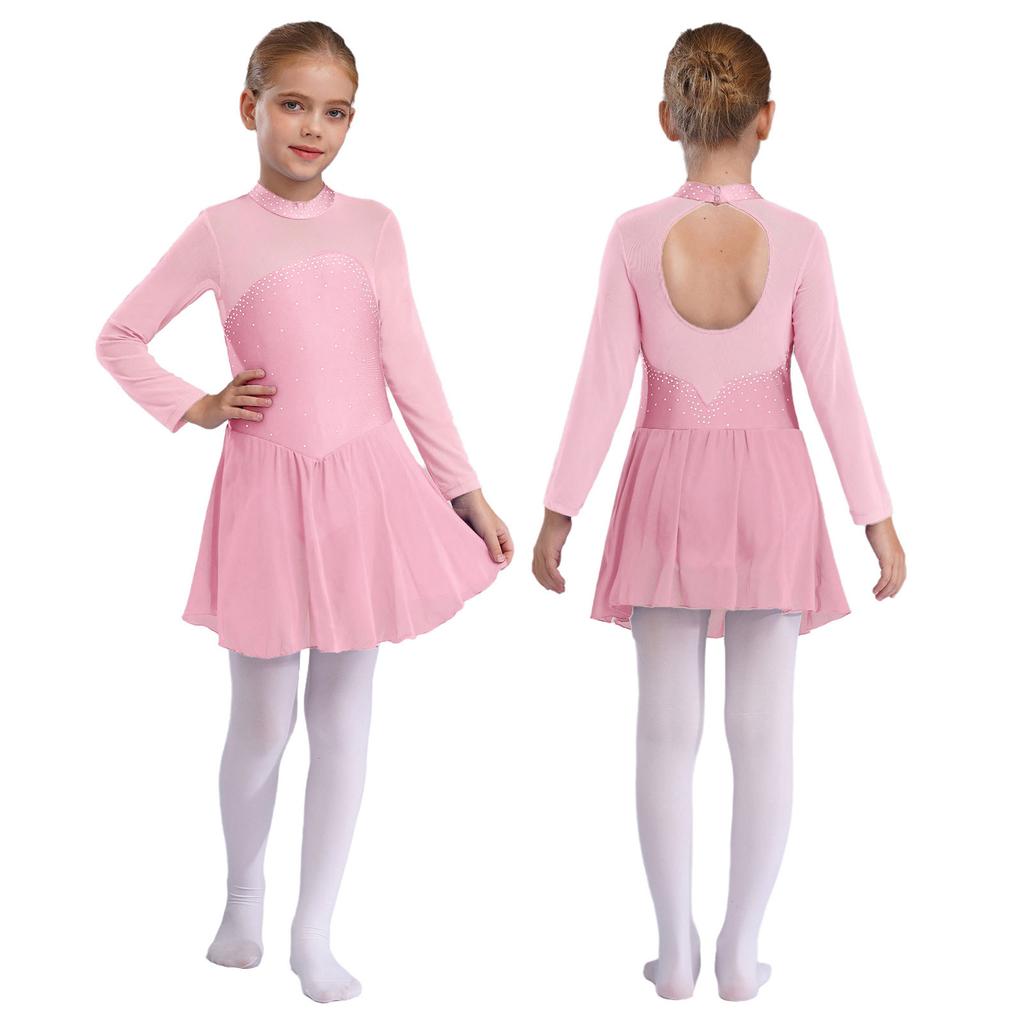 Glänzende Strasssteine Tanzleotard für Mädchen Transparente Mesh Lange Ärmel mit Schlüssellochausschnitt am Rücken Eiskunstlauf Ballettkleid