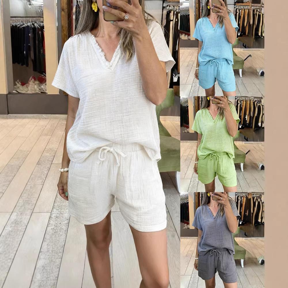 Women Casual V Neck Short Sleeve Top And Shorts Two Piece Set