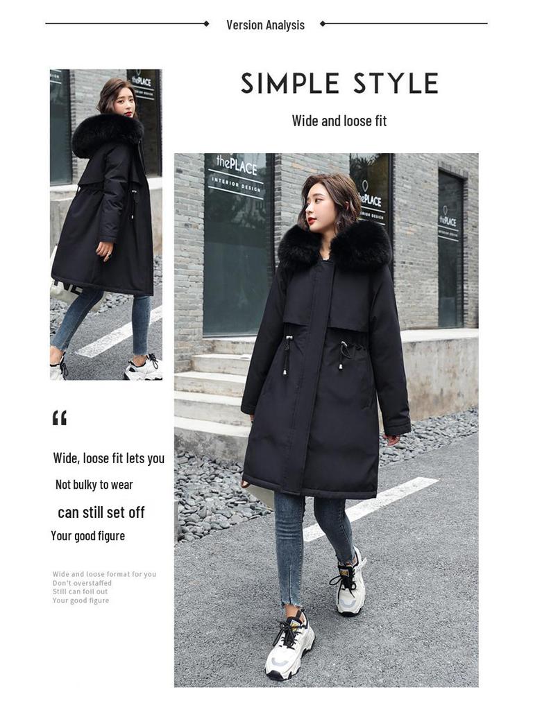 2025 Winter Women's Mid-Length Fur Collar Cotton Coat with Velvet Padding