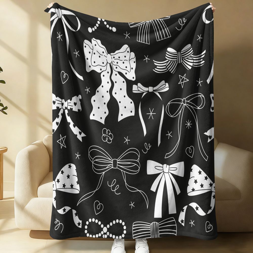 Whimsical Bow Print Flannel Blanket Soft Cozy Throw Blanket for Bed Couch Decorative Aesthetic Gift Blanket Home Decor 100cmx150cm