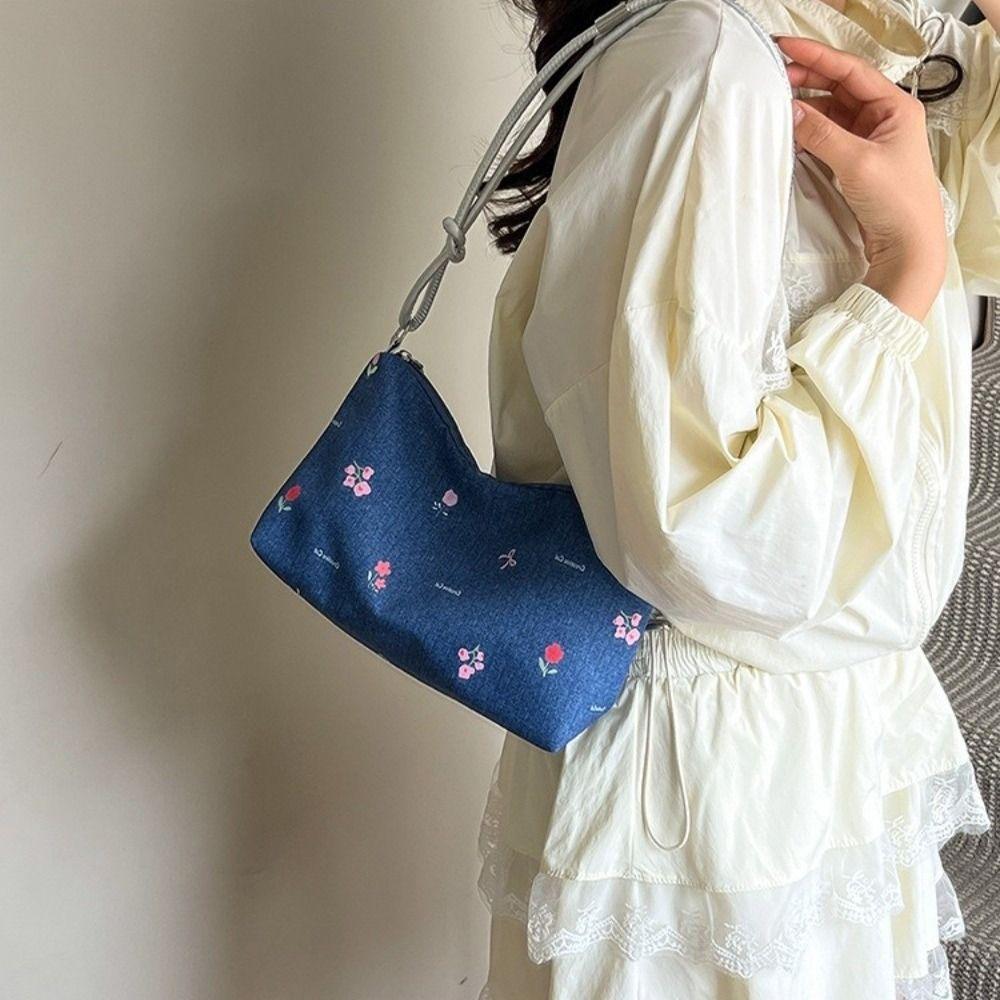 Korean Bow Underarm Bag Blue Women's Handbag Trendy Denim Shoulder Bag Female