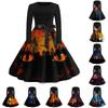 Women's Fashion V-neck Casual Slim Fit Halloween Printed Long Sleeve Dress