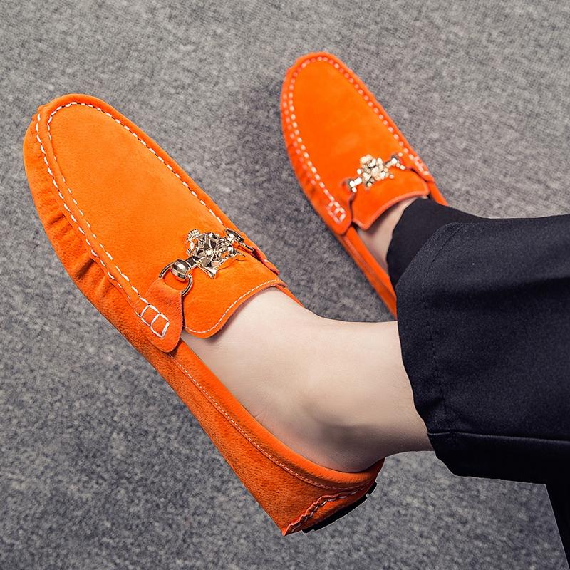 Big Size Penny Loafers Men Casual Fashion Suede Leather Mens Loafer Man Moccasins Slip On Men's Flats Male Driving Shoes Orange