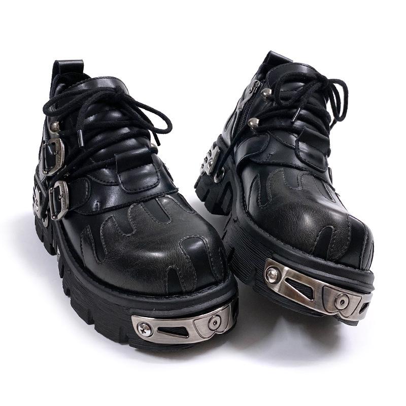 Retro Rock Dark Punk Small Leather Shoes Metal Splicing Men And Women With The Same Niche Flame Low-Top Heightening Big Head Shoes