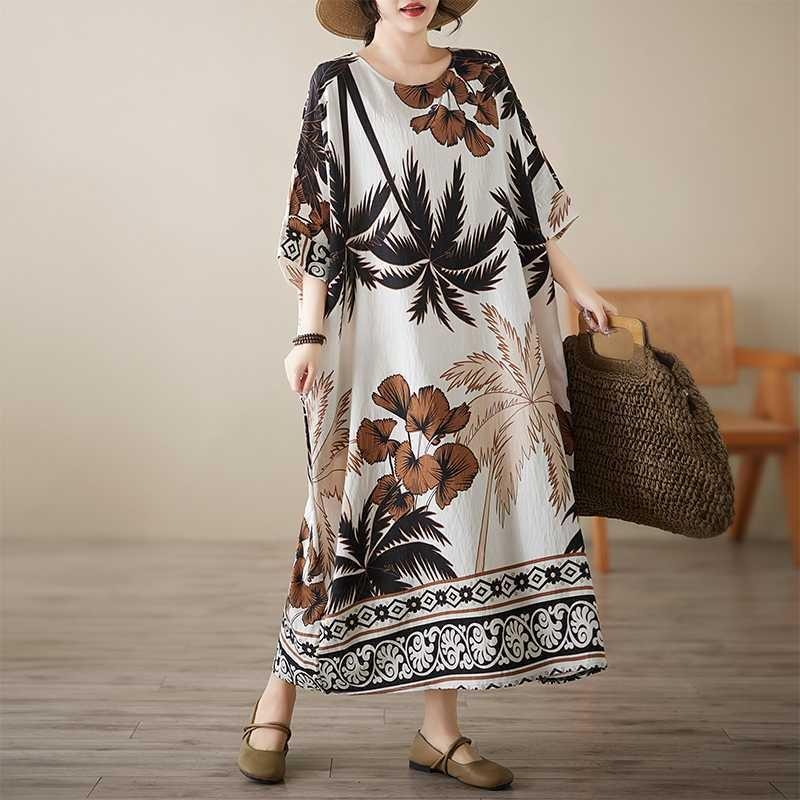 Summer Literary and Retro Middle-aged and Elderly Mother Clothing Cotton and Linen Positioning Flower Round Neck Loose Dress Women