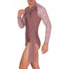 Mens Latin Dance Wear Floral Lace Long Sleeve Ruched Mesh Layer Chain Tassel Button Crotch Leotard