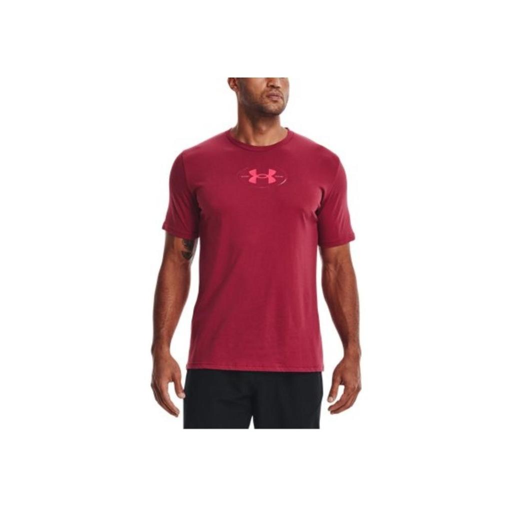 Under Armour Solid Color Large Logo Letter Round Neck Training Sports T-Shirt Men Tops Pink 1371264-664