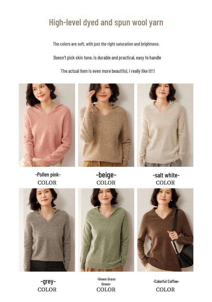 Women's Pure Wool Pointelle Hooded V-Neck Sweatshirt, Casual Loose Knit Sweater