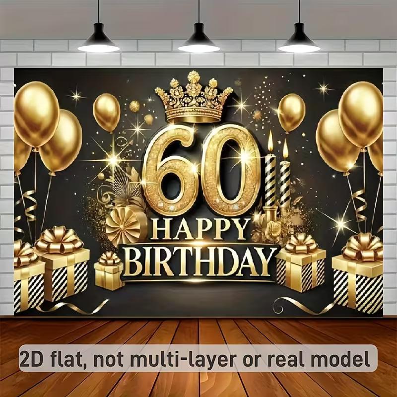 2D 60th Birthday Party Backdrop, Black Gold Glitter Celebration Banner 47.2x31.5inch/120*80cm