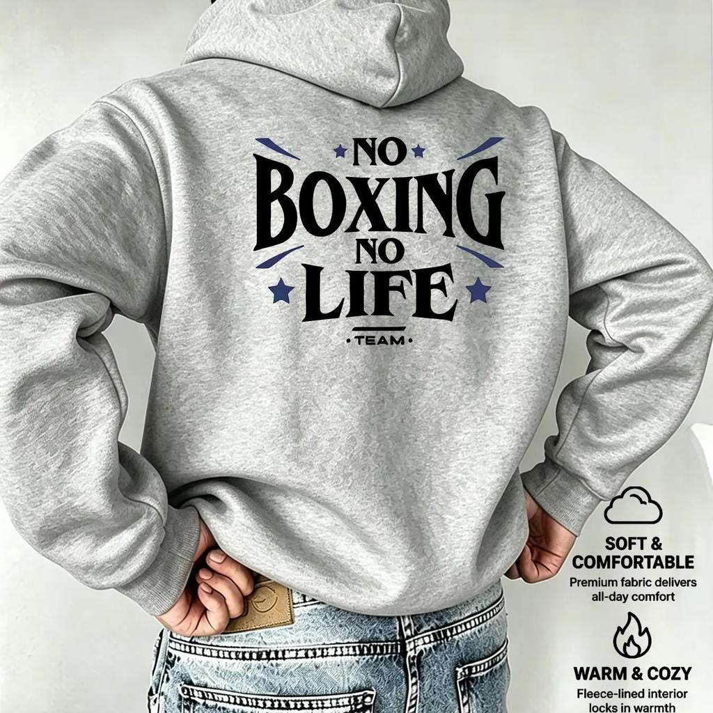 Men Vintage Boxing Slogan NO BOXING NO LIFE Star Graphic Back Print Hooded Sweatshirt Casual Loose Unisex Grey Hoodie