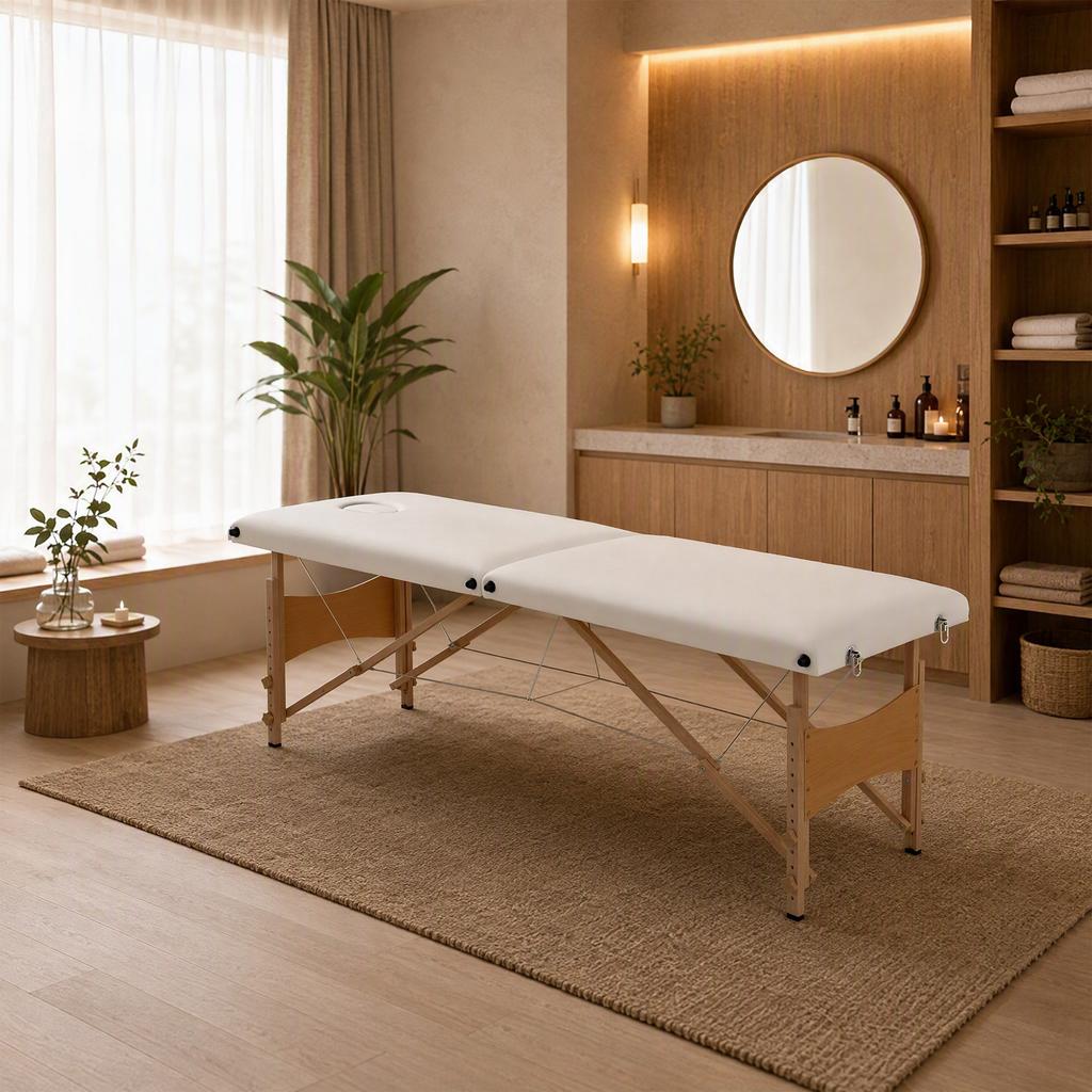 Mobile Massage Table 2 Zones Foldable Height-Adjustable Massage Table 60 Cm Wide with Carrying Bag Wooden Legs Cream White