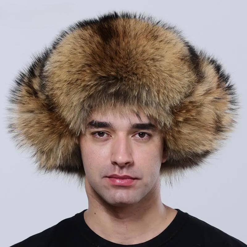 Luxury Men Hat Winter Warm Thick Bomber Fluffy Natural Fox Fur Trapper Ear Hats