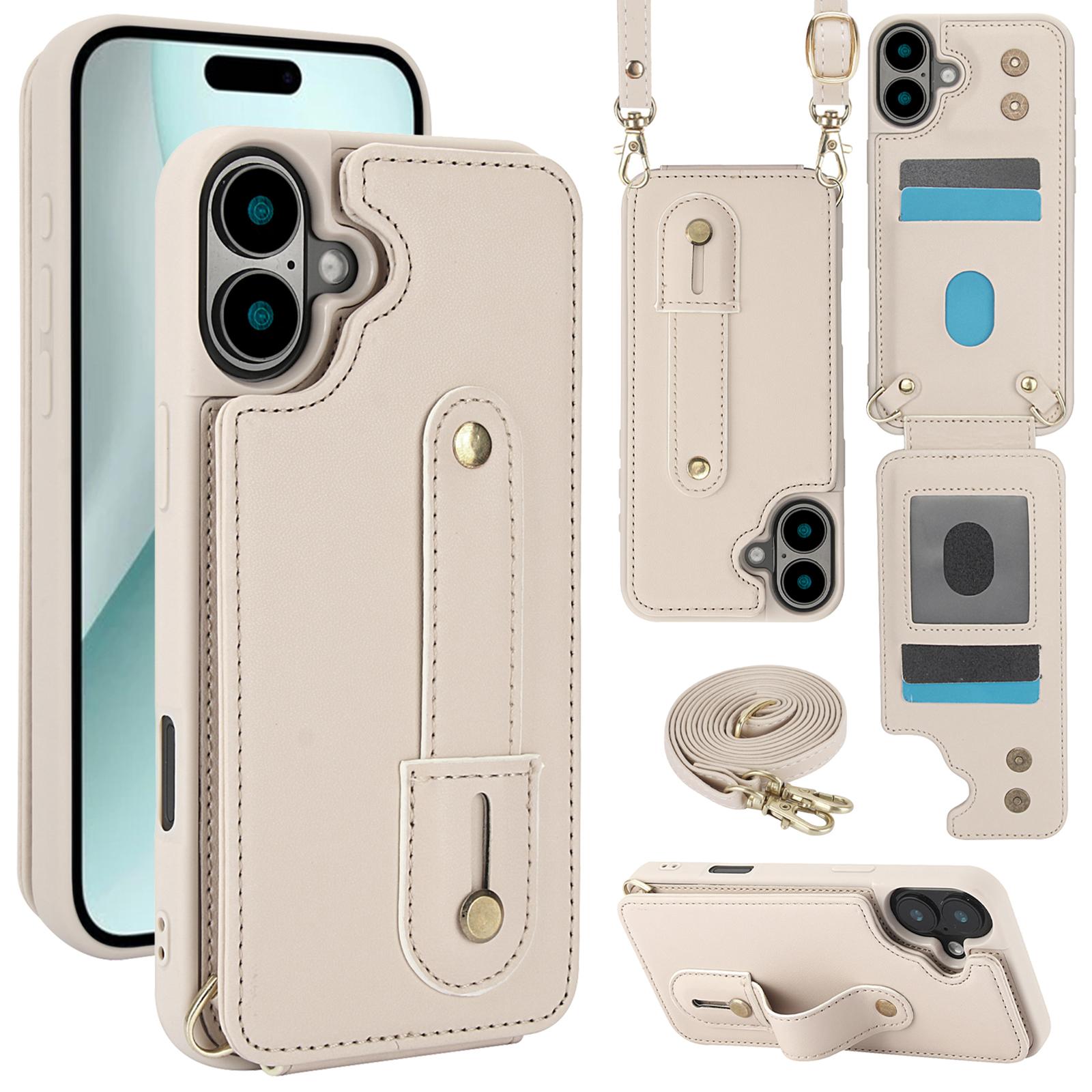 For iPhone 16 Plus Case Kickstand Card Slots Leather Coated TPU Cover with Shoulder Strap A
