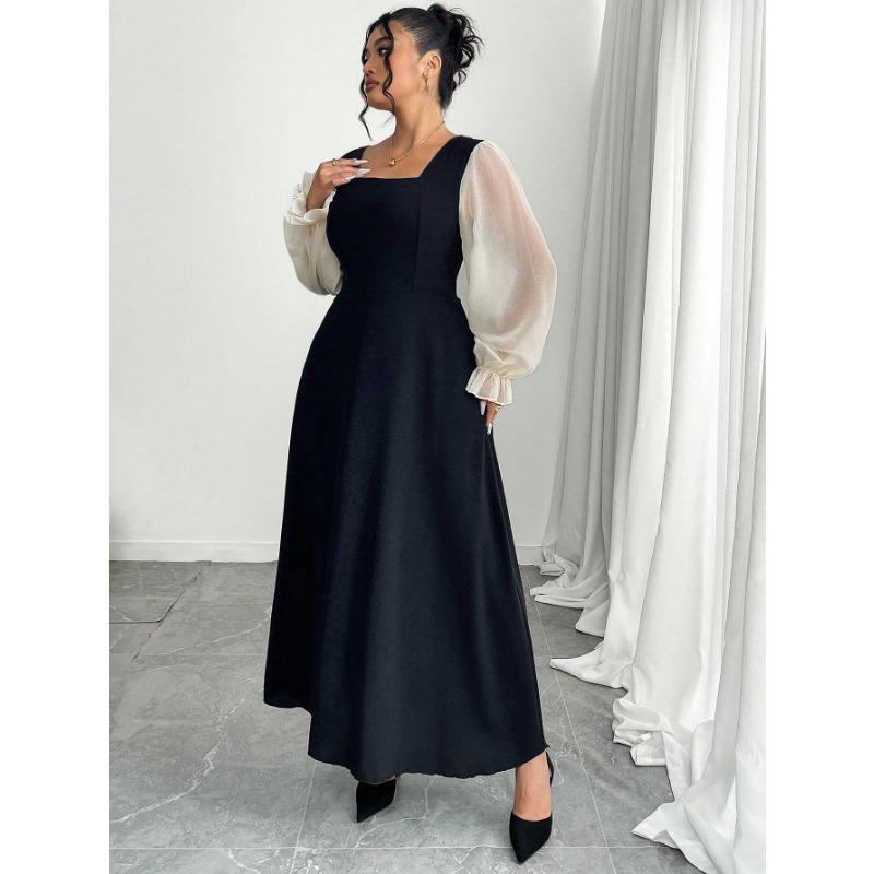 New Stylish Dress with Square Neckline, Puff Sleeves and Mesh Insert for Women