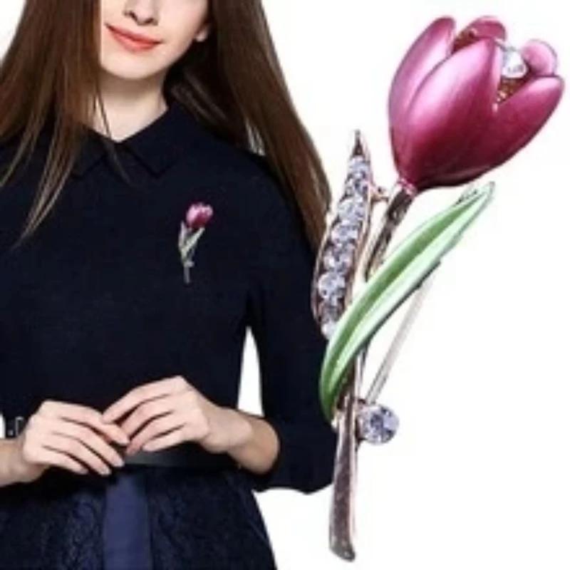 Women Summer Fashion Tulip Rhinestone Flower Brooch Pin Crystal Jewelry Clothes Accessories Brooche Gift Wedding Pins Decoration