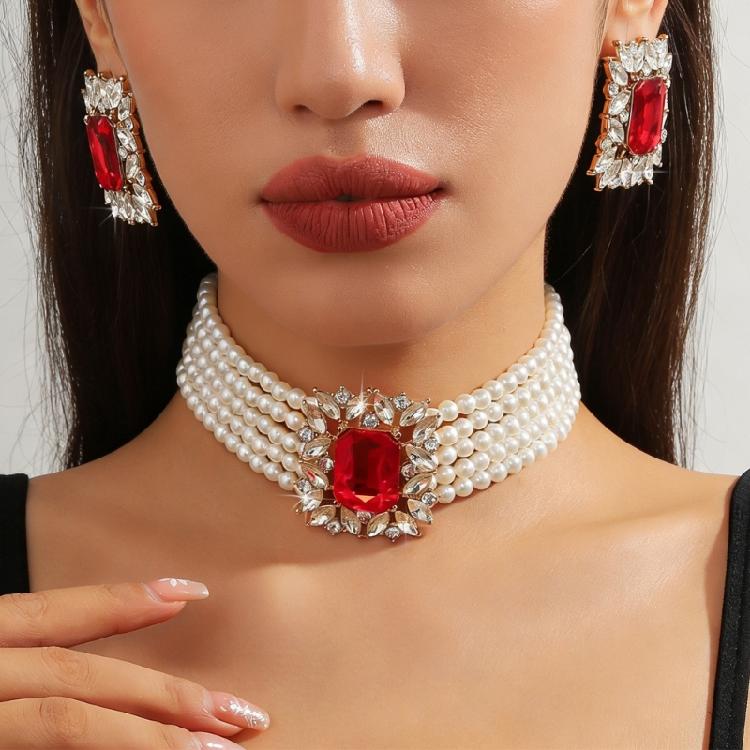 Chic Geometric Design Colorful Crystal Accented Layering Pearls Necklace And Earrings Jewelry Set for Gatherings
