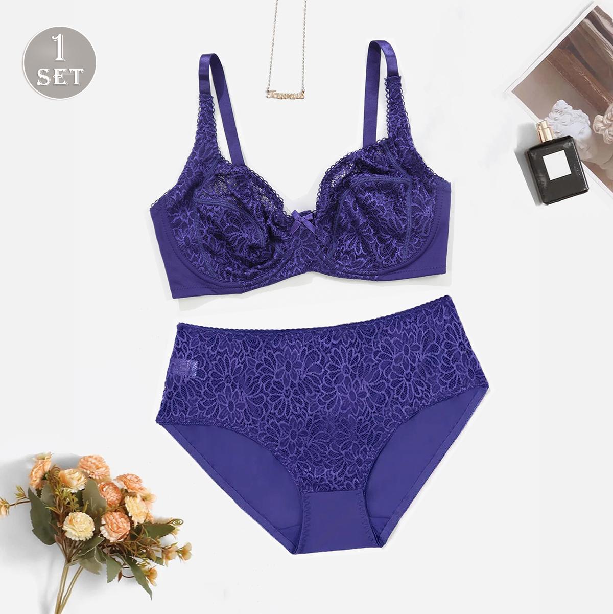 

Мереживний комплект бюстгальтера та трусиків - Регульовані бретелі, Елегантне квіткове мереживо, Зручна жіноча білизна 95C темно-синього кольору