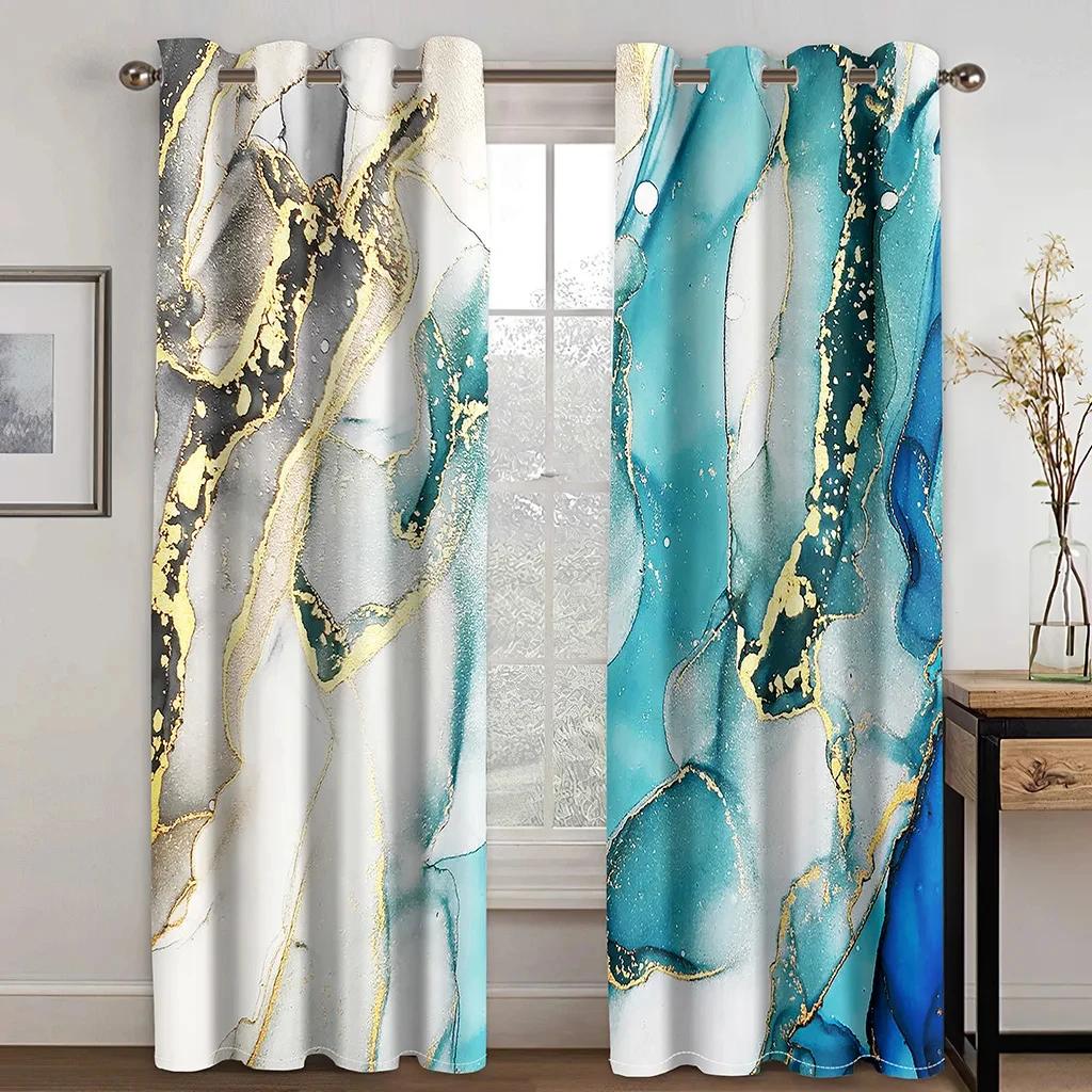 3D Blue Gold Dali Texture Curtains European Luxury Home Decor Shading Curtains 2 Panels Living Room Bedroom Window Curtains
