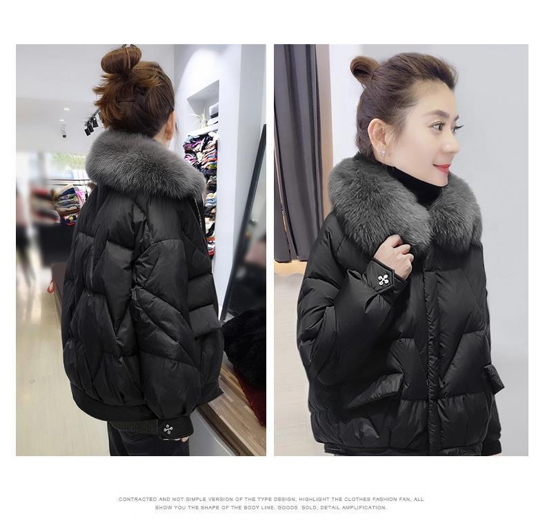 Big Size Women's Fat Sister Winter Cotton Coat Female Hair Collar Loose Bright Surface Down Cotton Jacket Coat