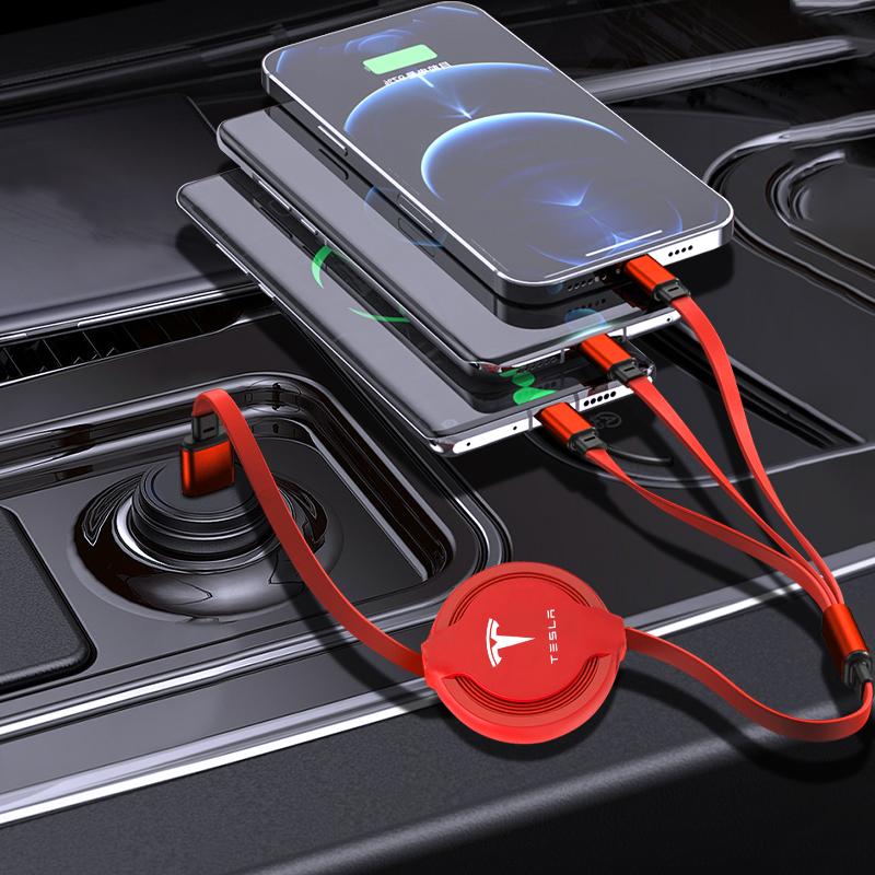 Car Mounted Telescopic Three in One Mobile Phone Charger Car Accessories For Tesla Model 3 Model X S Model Y Decals TM3 TMX TMS