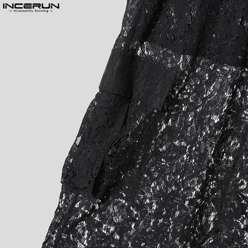 INCERUN Męskie elastyczne w pasie koronkowe ażurowe prześwitujące bez podszewki zakrywające krótkie szerokie spodnie