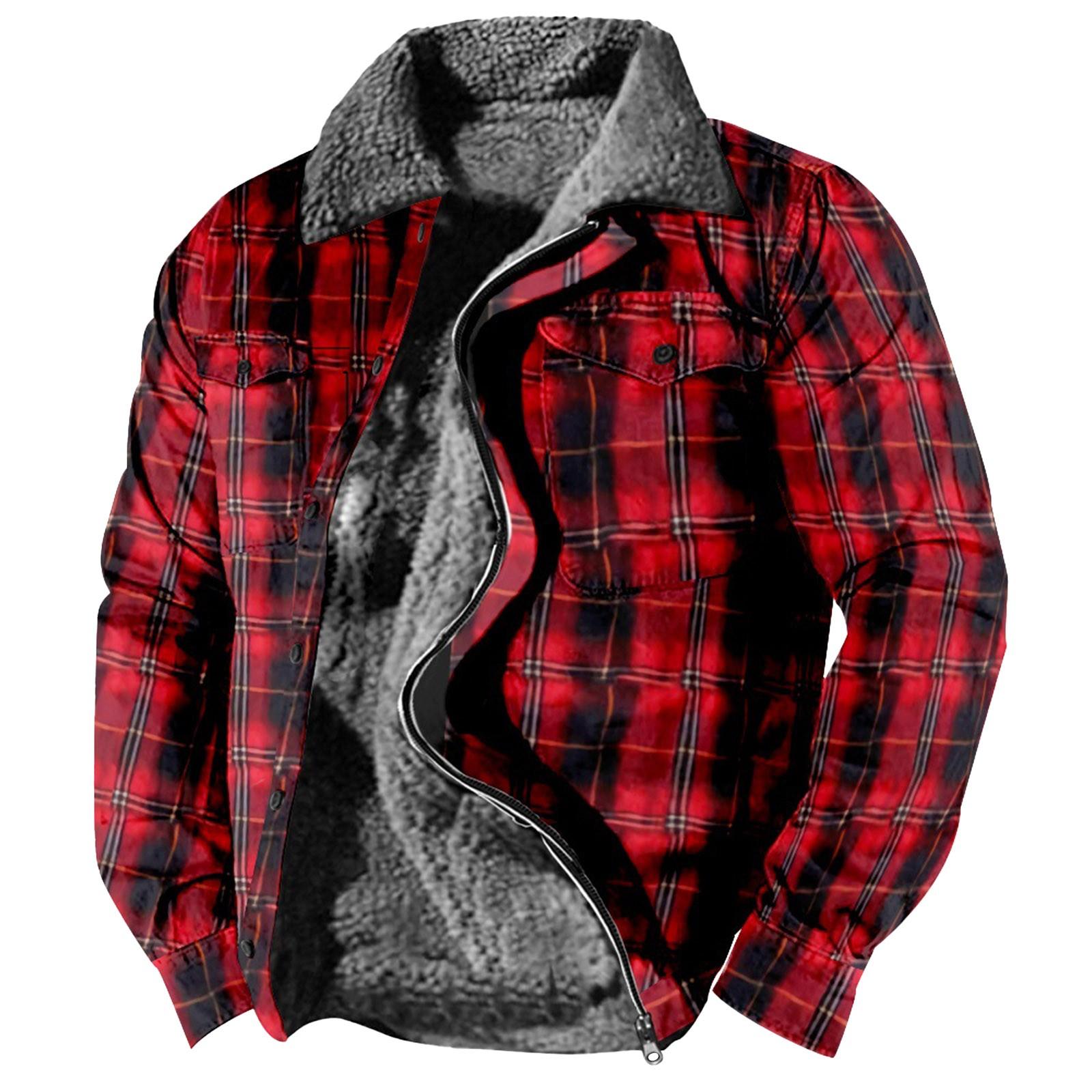 

Men s Plaid Print Fleece Thickened Coat Jacket Men s Casual Fashion Warm Coat M красный