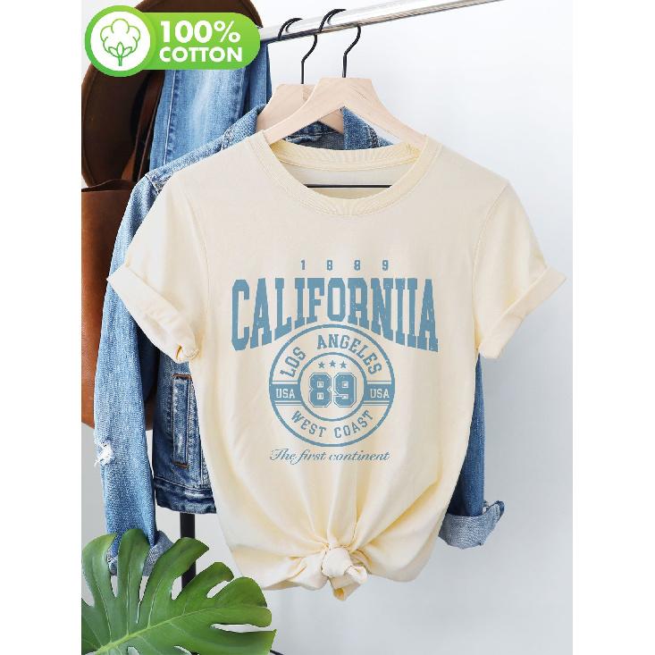 Spring and Summer Women's tops Vintage style Letters Number 1889 CALIFORNIA LOS Fashion Wear Pure Cotton Short Sleeve Leisure Round Neck Women's