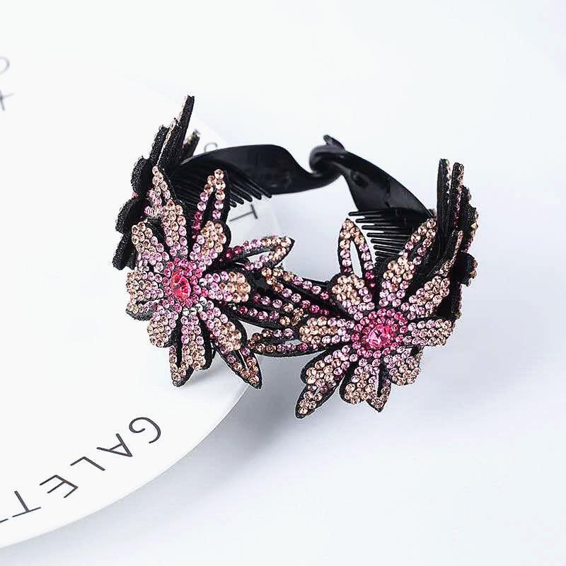 Double-Layer Rhinestone Flower Hair Clip & Hair Tie: Elegant Bun Styling Accessory