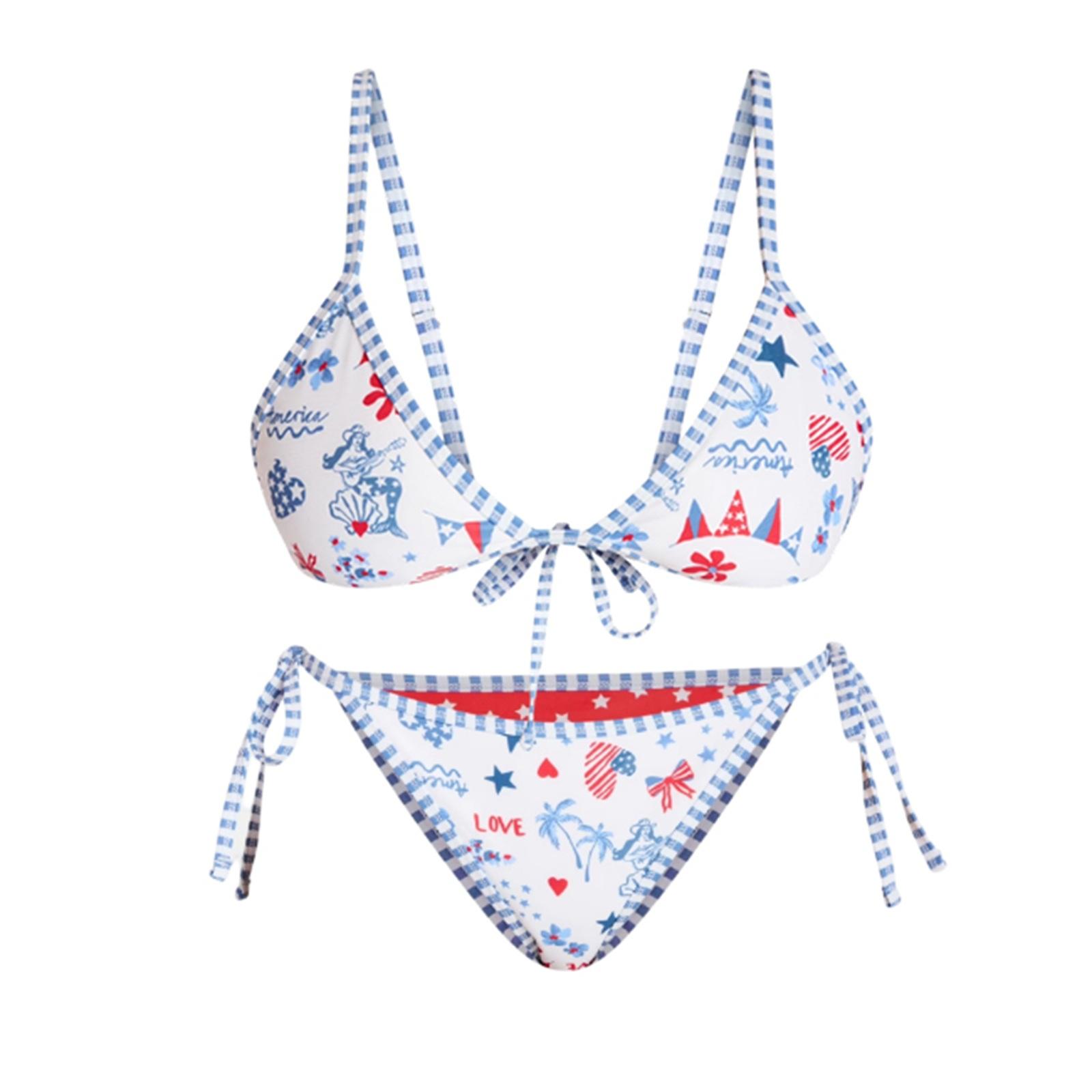 

Women s Summer Reversible Low Waist Tie Bikini Set Two Piece Swimsuit with Adjustable Straps and Printed Design for Beach Pool L синий