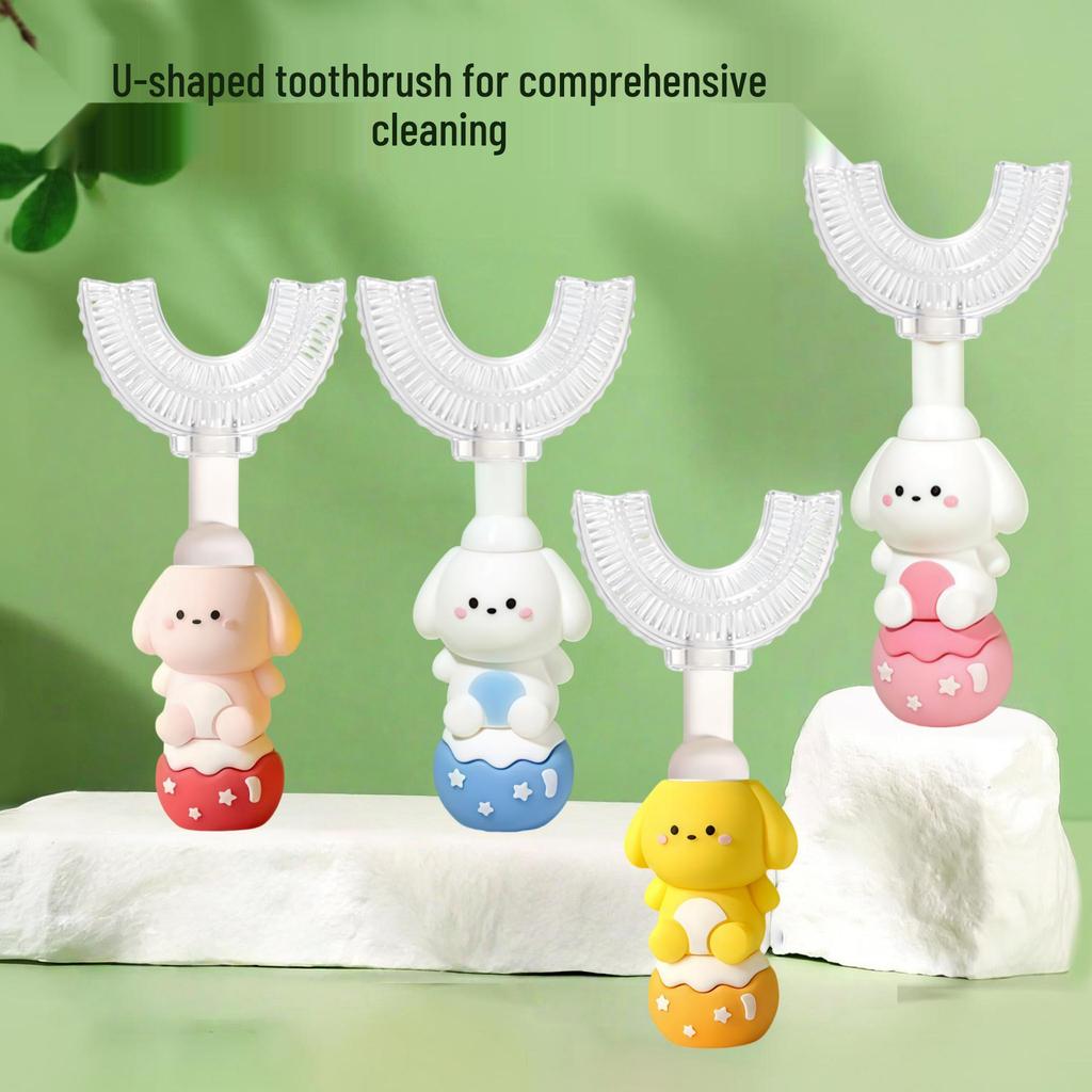 Children's U-Shaped Toothbrush, Ages 1-12, Soft Bristle Silicone, Cartoon Puppy Design, Individually Packaged