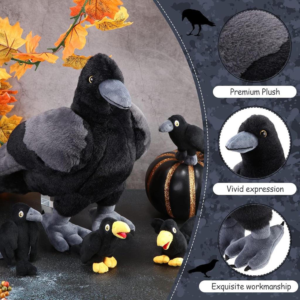 HyDren 5 Pcs Crow Plush Stuffed Animal Black Bird Plush Stuffed Animal Toy 14 Inch Large Realistic Mommy Bird Plush with 4 Small Babies Plushies in