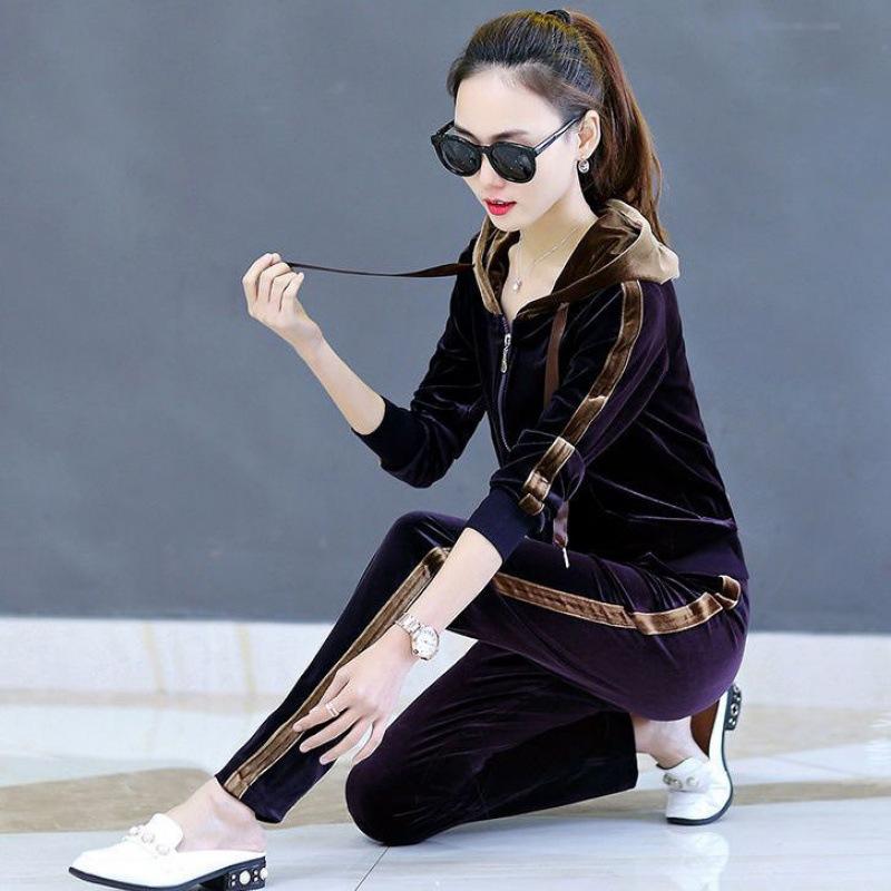 Gold Velvet Casual Sportswear Suit for Women Spring and Autumn Large Size Loose Hooded Fashion Two-piece Set