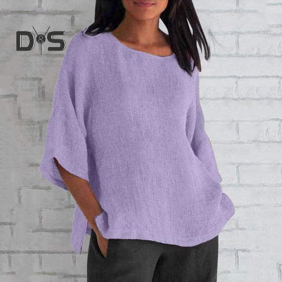 Women Shirt 3/4 Sleeve Casual Crew Neck Solid Color Pullover Tops Loose Fit Vacation Blouse Daily Wear