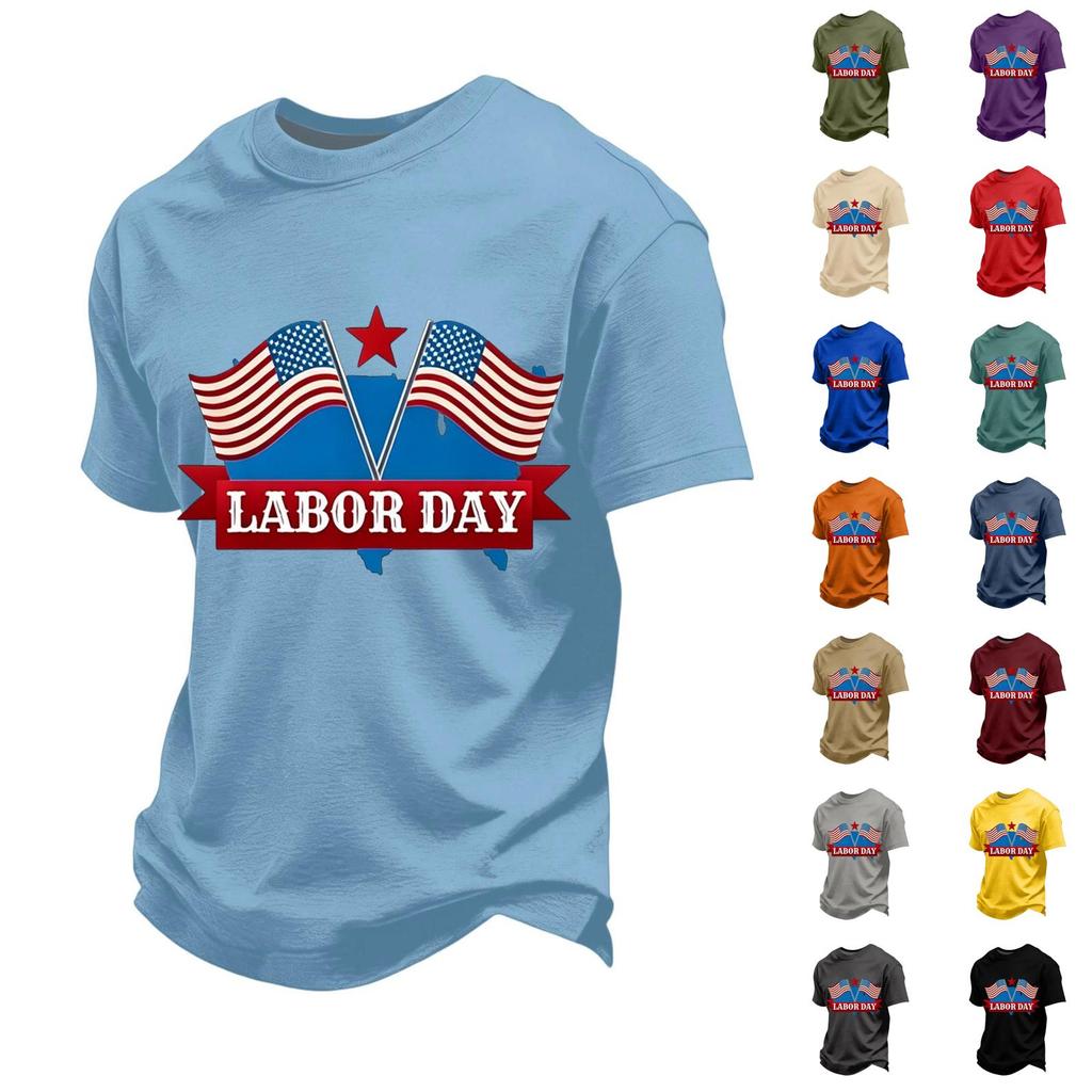 Men's Loose Fit Short Sleeve Casual T-Shirt Labor Day Printed Crew Neck Cotton Blend Top for Everyday Wear