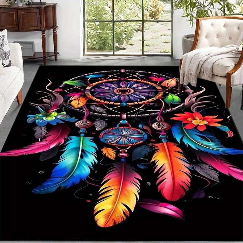 Lebendiger Traumfänger Bereichsmatte Buntes Federblumen Design Matte für Wohnzimmer Schlafzimmer Heimmatte Teppiche für Wohnzimmer Dekor