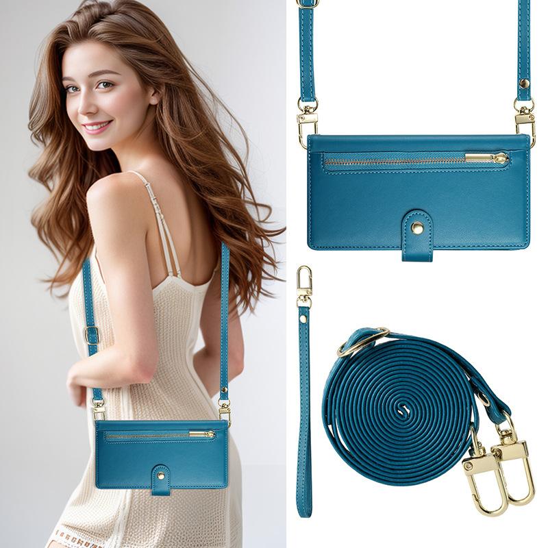 For Samsung S24FE flip phone leather case zipper card samsung protective case long rope crossbody
