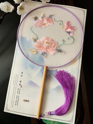 Chinese Traditional Art Embroidery Wooden Hand Fan, Classical, Ancient Dance Costume, Han Fu Cheongsam with Long Handle, Tasse