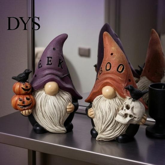 Unique Holiday Shelf Decor Halloween Gnome Statue, EEK BOO Resin Elf Dwarf Figurine with Pumpkin Creative Indoor Party Tabletop Crow Skull,