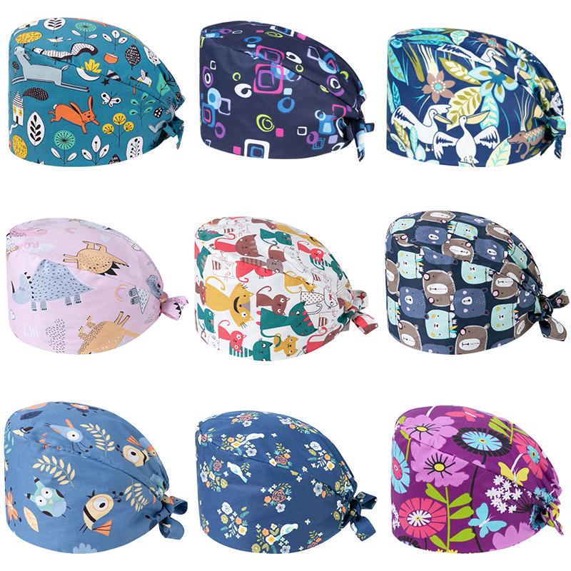2021 Hot Sale Pharmacy Doctor Hospital Uniform Fashion Printing Scrub Pet Grooming Doctor Work Hat Cotton Medical Nurse Hats