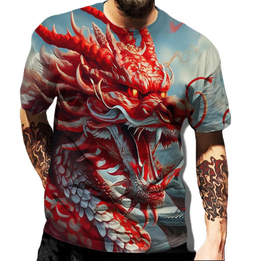 Summer Round Neck 3D Dragon Series Print Top Fashionable Casual Short Sleeved Men's T-shirts