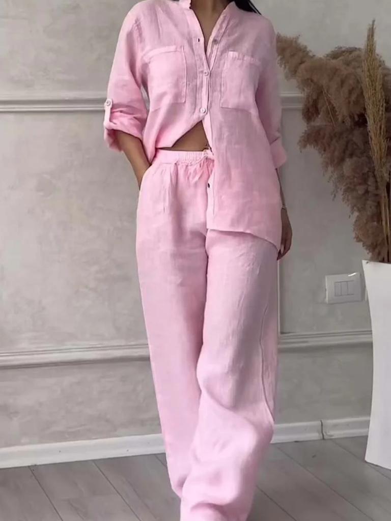 Women's Solid Color One-Button Long Sleeve Shirt Two-Piece Set Wide Leg Pants with Tie Waist Trousers for Women