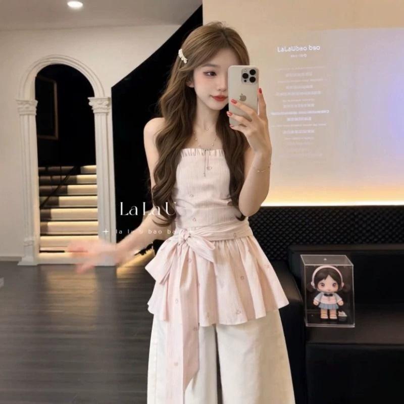 Especially Beautiful Waist Pinched Pink Striped Tube Top Women's Summer Lace-up Waist Thin Girl Off-the-shoulder T-shirt