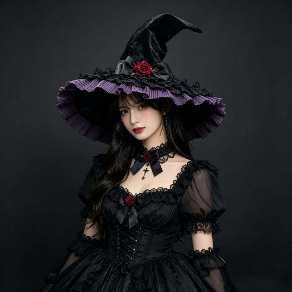 Rose Bowknot Halloween Witch Hat Wide Brim Wide Brim Hat Creative Witch Cosplay Hat  Unisex
