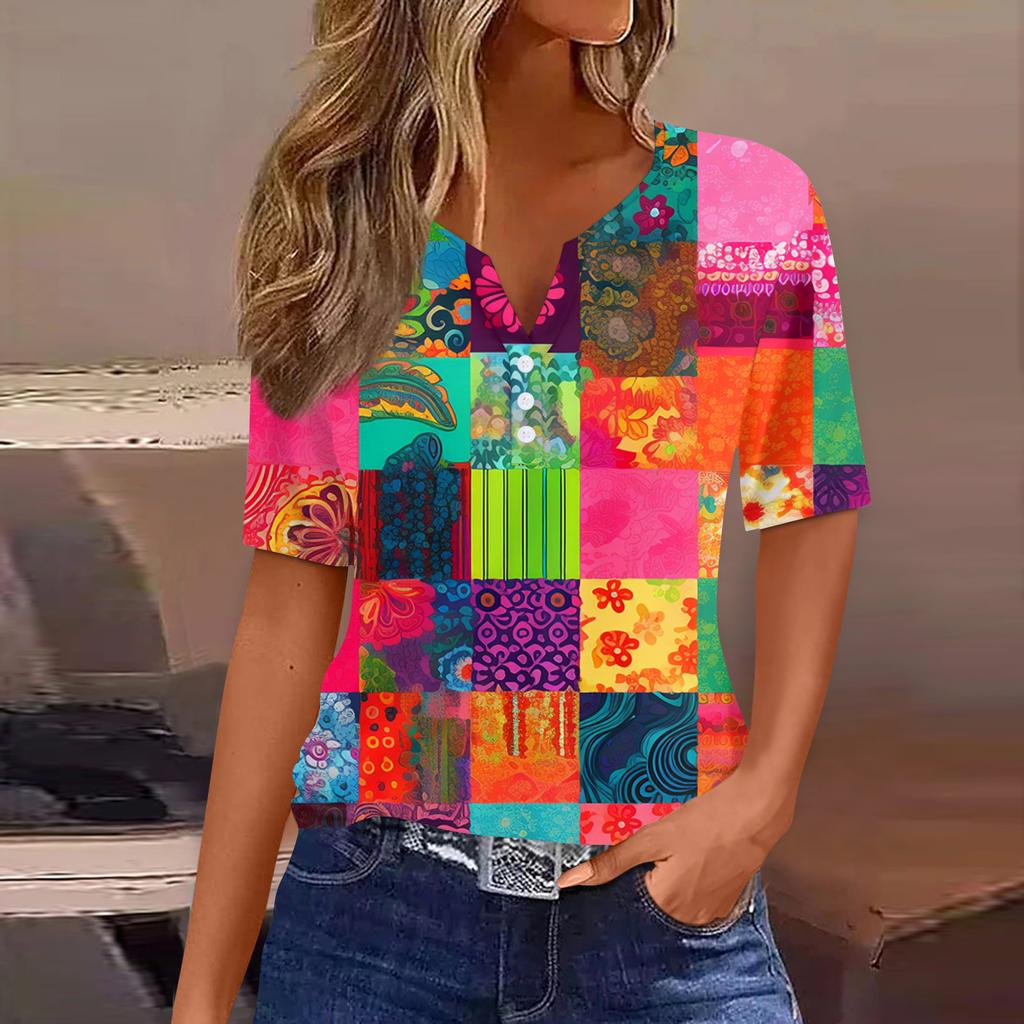 Damen T-Shirt mit Aufdruck und Knopfleiste, kurzärmelig, für den Alltag, Wochenende, modisch, Basic, V-Ausschnitt, normales Oberteil