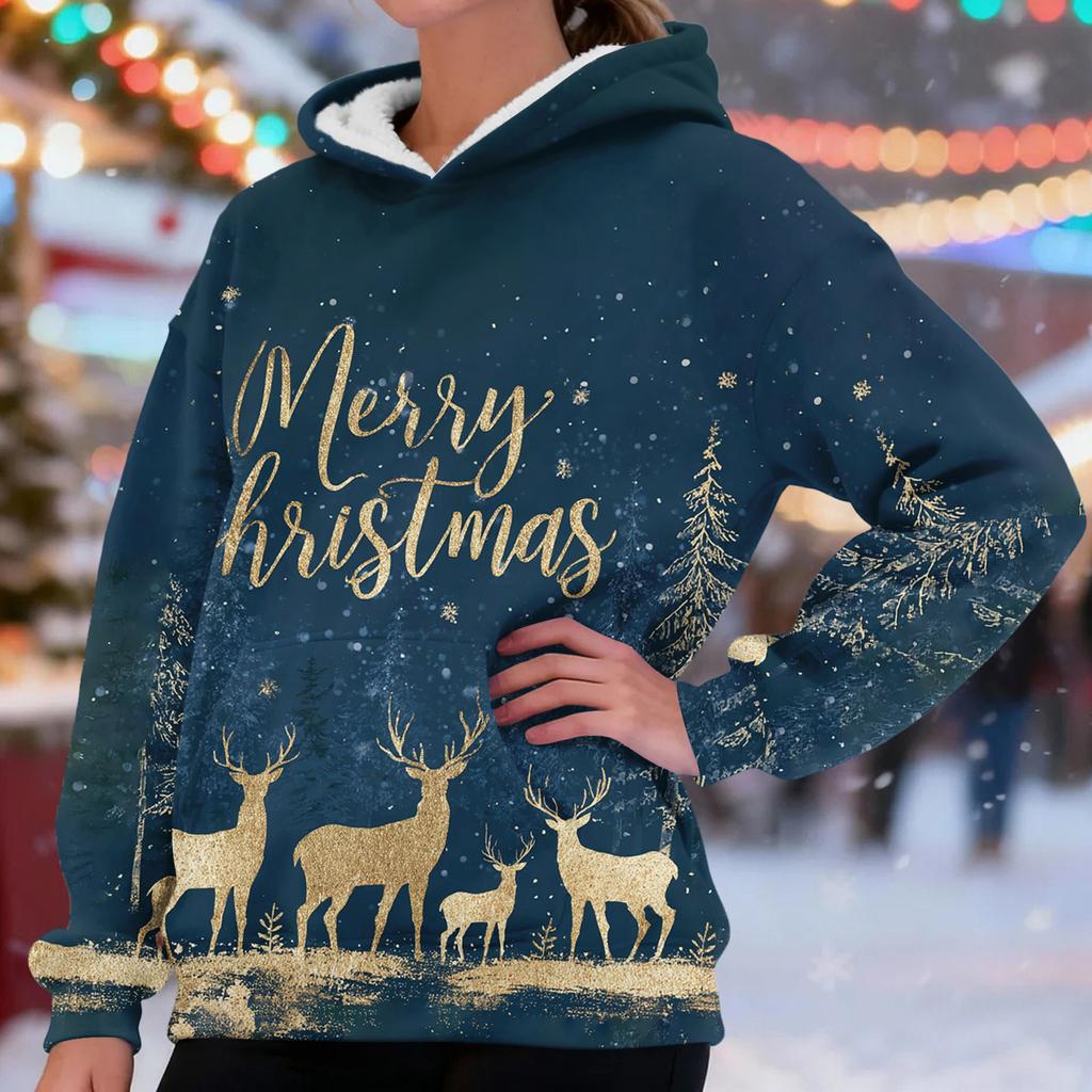 Women's Fashionable Casual Long-Sleeved Christmas Print Fleece-Lined Thick Hooded Sweatshirt