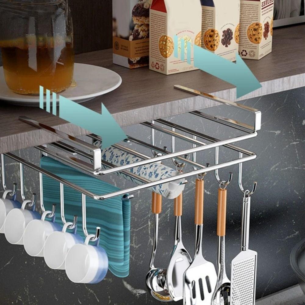 Under Cupboard Stainless Steel Storage Shelves with Hooks Pot Lid Storage Rack Cupboard