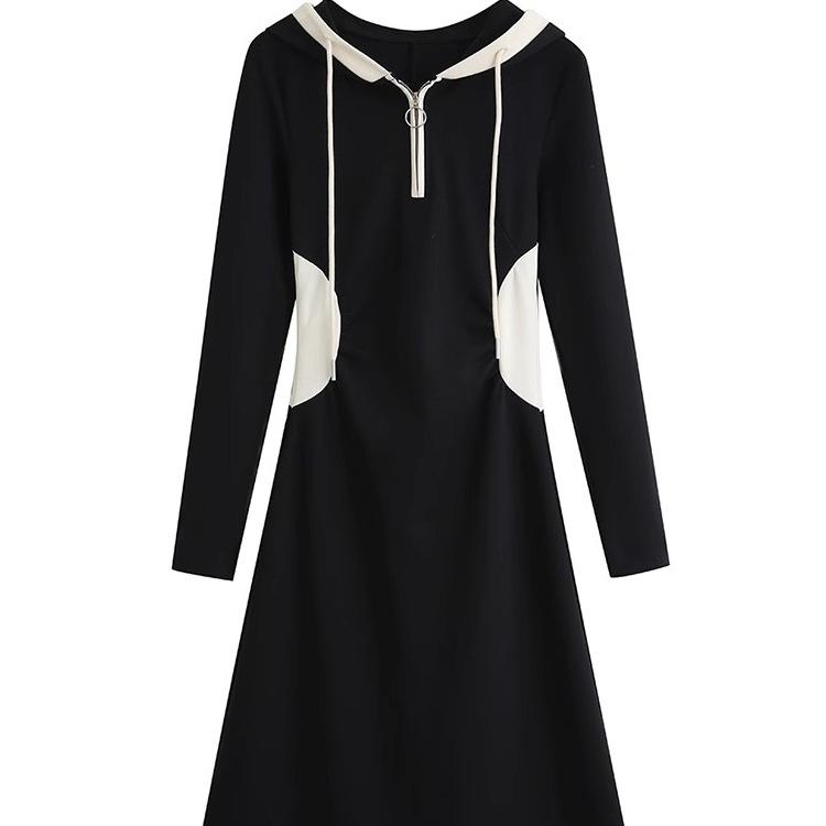 Pear Thirteen French Waist Skinny Casual Bottom Dress Women's Autumn and Winter New Hooded Wear Dress