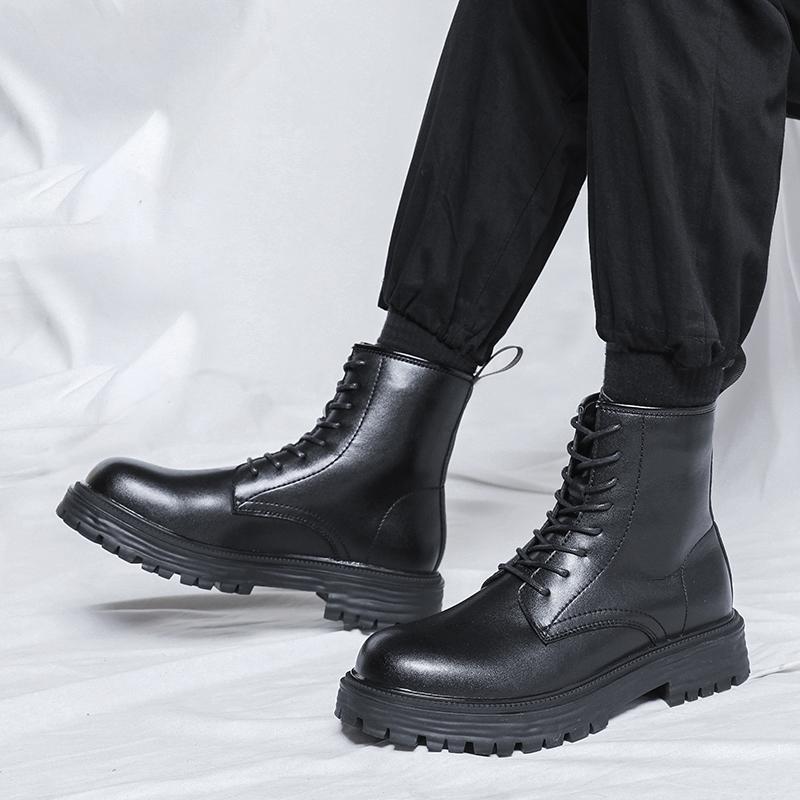 Men Fashion Motorcycle Boots Black Tide Lace-up Platform Shoes Cowboy Genuine Leather Boot Street Cool High Top Botas Masculinas